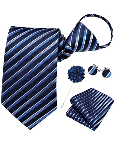 Image of Hi-Tie Zipper Ties for Men Pre-tied Tie Set Lapel Pin Pocket Square and Cufflinks Formal Business Wedding Adjustable Necktie