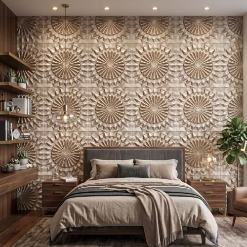 Image of Kayra Decor 3D PVC Wall Panels for Bedroom & Living Room | Mandala Design | Metallic Coffee Color | 19.7 x 19.7 Inch | Pack of 40 | 107.6 Sq Ft