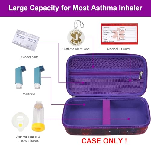 Image of MGZNMTY Travel Carrying Case Compatible with Asthma Inhaler Spacer for Adults and Children, Masks, Inhaler Holder with Asthma Alert Tag and Medical Card, Carabiner (Only Case) (Galaxy)
