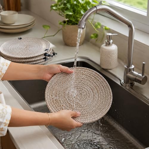 Image of Retro Trivets Polypropylene 3 Pc Round with Basket Holder, Braided Pot Mat, Side Table Mat, Machine Washable Small Place Mat for Casserole for Dining Table (9 inch Dia) (Beige)