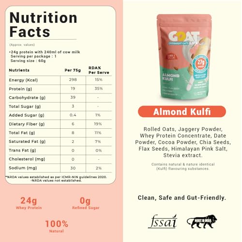 Image of GOAT Life Overnight Oats (75g) | 20g Protein | High Fibre | Nutrient-Rich | No Sugar | Supports Weight Management & Muscle Recovery | Instant Breakfast (Pack of 1, Almond Kulfi)