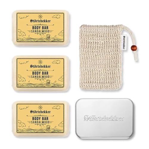 Störtebekker Premium Body Shower Set, 3 x Solid Shower Gel (Sandalwood) Including Sisal Soap Bag & Soap Box XL for Men and Women, Vegan & Handmade in Holland