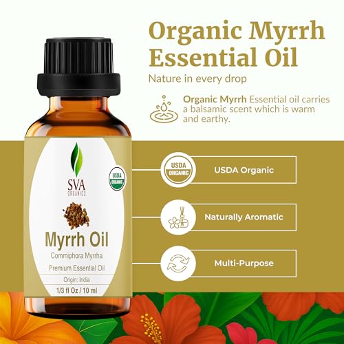 Image of SVA Organic Myrrh Essential Oil in Glass Bottle, 1 /3 Fl Oz (10 ml) | Organic Myrrh Oil for Skin Care, Face Care, Perfume Blends, Incense, Diffuser, Soap Making, Blending & DIY Beauty Projects