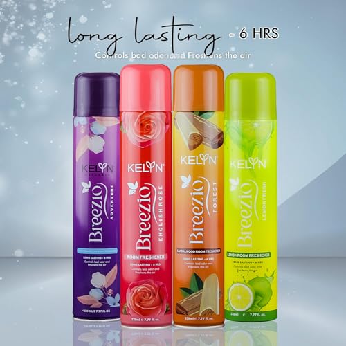 Image of KELYN Room Freshener - Long Lasting Air Fresheners for Home, Office, Cars & Toilets Aer Spray - Room Freshner Spray for Bedroom - (Pack of 4, 230ml each) - Anti Tobacco, Sandalwood, Rose & Lemon