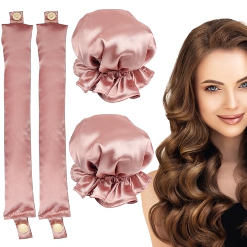 Heatless Hair Curlers, No Heat Curling Rod With Soft Satin Caps for Long & Medium Hair, Sleep In Curling Kits of 2 Pieces for Women Girls, Lazy DIY Styling Tools - Pink