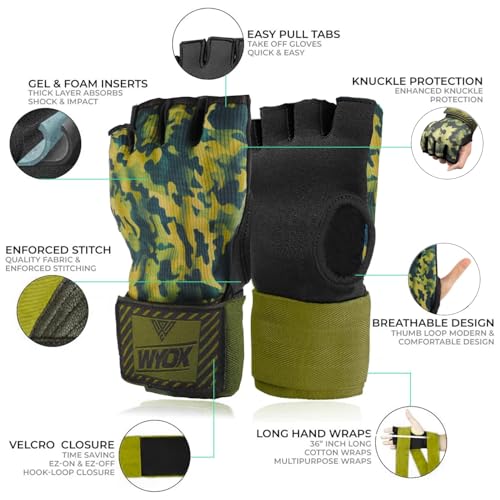 Image of WYOX Neoprene Gel Boxing Hand Wraps Inner Gloves for Men & Women - 80cm /31in Quick Wrist Strap, Padded Knuckle Protection, Fingerless MMA Muay Thai Kickboxing Wraps for Training & Martial Arts