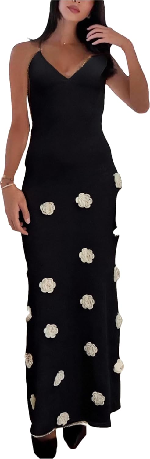 Women's Knit Maxi Dress Spaghetti Strap Floral Dresses Bodycon Knitted Beach Long Dress Backless Swim Cover up Dresses