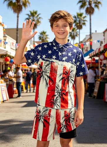 Image of UNICOMIDEA Boys 4th of July Outfits Kids Patriotic Independence Day Tropical Short Sets for 5-12 Years