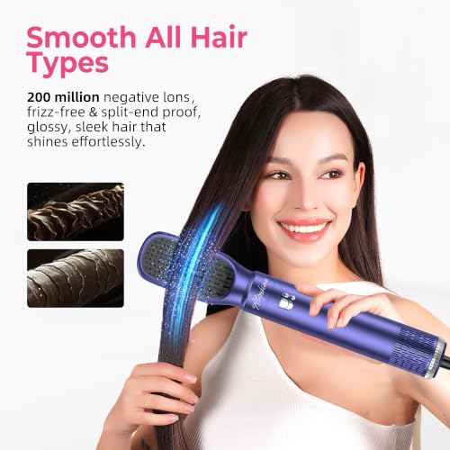 Image of Atopskins 6 in 1 Hair Dryer Brush Hot Air Styler Detachable for Travel, Blow Dryer 3 Heat Settings to Straighten, Auto Curl, Volumize Home Salon Results Frizz-Free Shine All Hair Types - Blue