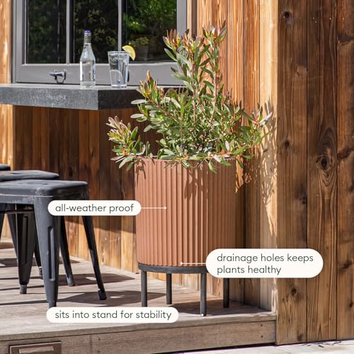 Image of Veradek Demi Series Raised Planter - Round Planter with Stand | Made From a Durable Plastic-Stone Composite & Comes With Wooden Stand. Modern Porch /Patio Decor