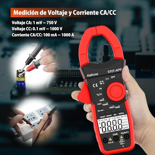 Strommesszange Bluetooth 4000 Counts Stromzange, Kethvoz Zangenmultimeter Strommessgerät mit Automatischem Messbereich für Widerstand Kapazität Durchgang Temperatur Diode Messen KE-570T-APP