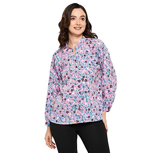 Image of Fashfun Women's Shirt (Floral Pink Crepe Top with Mandarin Collar & Full Sleeve)