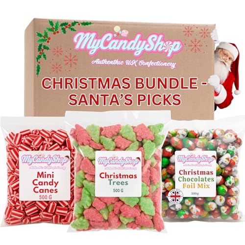 CLEARANCE Christmas Sweets Bundle - 3 x 500g Fizzy Trees Strawberry Mini Candy Canes & Christmas Chocolates Foil Mix 1.5kg Total - Great Stocking Fillers for Holiday Celebrations