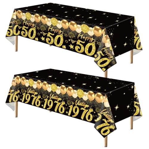 Uiorgui 2pcs 50th Birthday Tablecloth, Black Gold 50th Birthday Decorations for Men Women Vintage 1976 Table Cloth Plastic Rectangular 50th Table Cover Happy 50 th Anniversary Party Supplies