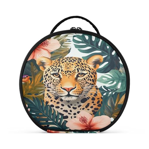 Takiito Leopard in Tropical Plant Travel Makeup Case Portable Makeup Box Artist Cosmetic Case Organizer With Adjustable Dividers