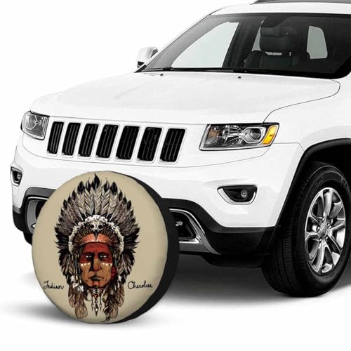 Image of Indian Cherokee Spare Tire Cover Warrior Art Culture Chief Hand Drawing Head Wheel Covers for RV Tires Camper Tire Case Protectors for Trailer Rv SUV Truck Travel Trailer 15 in