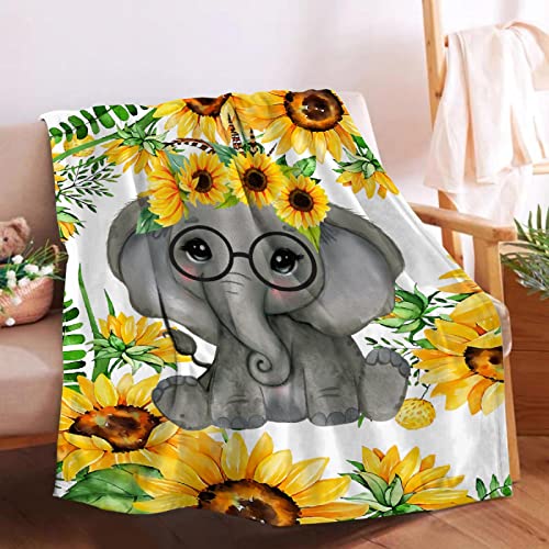 Sunflower Elephant Blanket Super Soft Lightweight Throw Comfy Fluffy Quilt For Bed Sofa All Seasons Warm 60"X50" Twin For Teen #TOP4