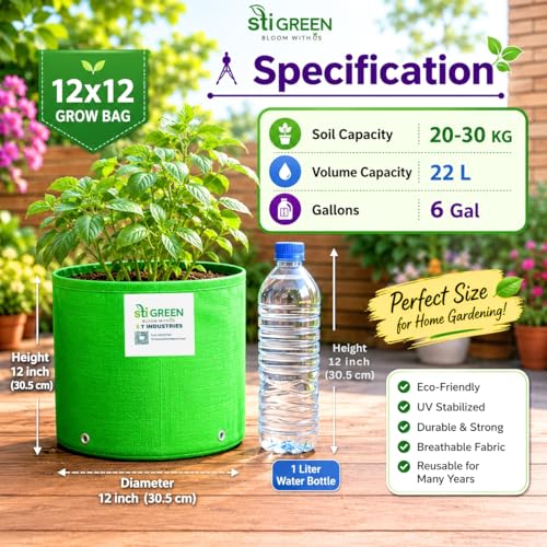 Image of HDPE Grow Bags for Plants 12X12 Inch (Pack of 15) | 260 GSM Heavy Duty UV-Protected Round Green Colour Plant Bags for Terrace and Vegetable Gardening | Strong & Reusable|