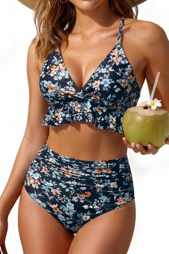 Image of Tempt Me Women High Waisted Ruffle Bikini Set Two Piece Swimsuits Flounce Tummy Control Bathing Suit