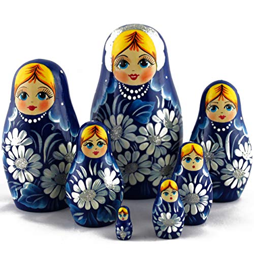 Matryoshka Russian Nesting Dolls Daisies on Blue Dress Set 7 pcs Best Idea for White Elephant Gifts