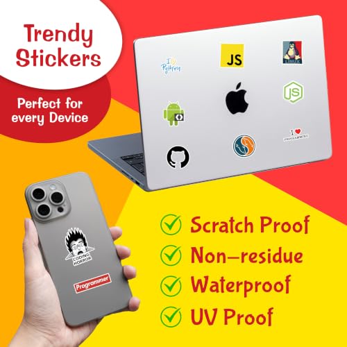 Image of CodersParadise 51-Piece Coding & Programming Sticker Pack - Waterproof & Residue-Free Vinyl Laptop Stickers for Programmers, Coders, Developers, IT Professionals, Journals, Phones, Guitars & More