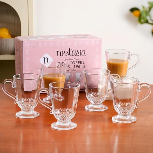 Image of Nestasia Set of 6 Transparent Glass Tea Cups (196ml Each) - Beaded Textured 100% Food Safe & Chip-Resistant Glass Set | Perfect for Irish Coffee, Hot & Cold Beverages