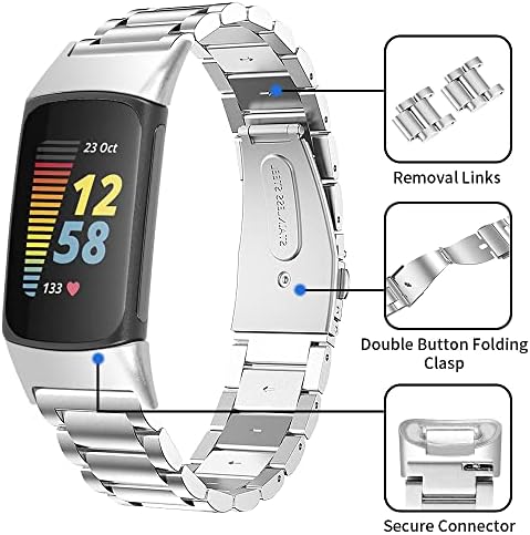 AISPORTS Compatible with Fitbit Charge 6/Charge 5 Strap Stainless Steel for Women Men, Solid Adjustable Stainless Steel Sport Wristband Metal Bracelet Replacement Strap for Fitbit Charge 6/Charge 5