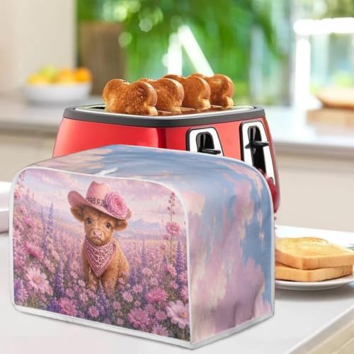 Image of Talayituse Lavender Daisy Highland Cattle Print 2 Slice Toaster Dust Covers Kitchen Small Appliance Cover, Stain Resistant Dust Protection Bread Machine Cover with Top Handle, S
