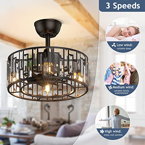 Ghicc Caged Ceiling Fan With Light, Small Farmhouse/Industrial Ceiling Fan With Remote Control, Bladeless Ceiling Fan For Living Room, Bedroom, Kitchen, Dining Room, Black, Crystal #TOP2