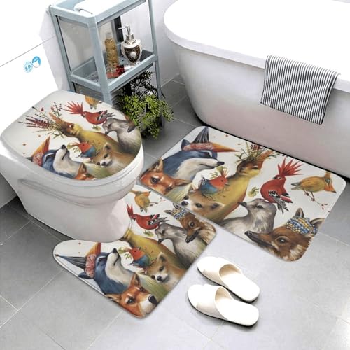 Dwrepo Animal Party Print Bathroom Rug Set 3 Piece with Non-Slip U-Shaped Contour Mat and Toilet Lid Cover for Bathroom Decoration
