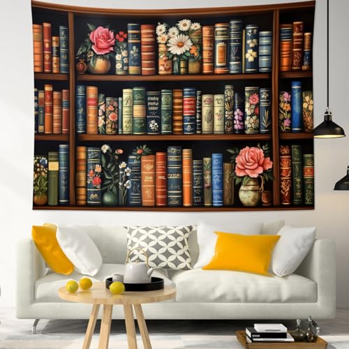 LB Retro Bookshelf Tapestry Wall Hanging Potted Plants With Pink Rose Floral Library Book Wall Tapestry for Bedroom Vintage Botanical Wall Art for Living Room College Dorm Decor,60Wx40L inch