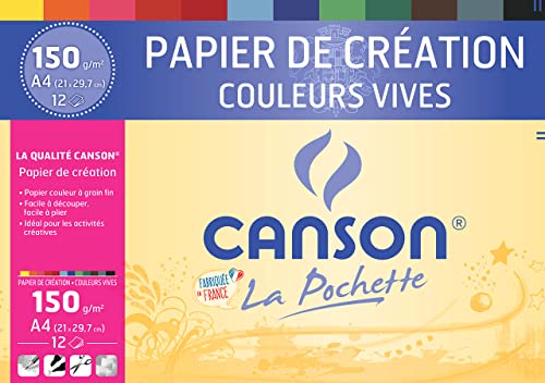 CANSON Pochette papier création couleur A4 12 feuilles 150g/m² - couleurs vives assorties