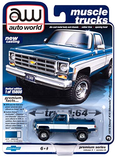 Autoworld 1/64 diecast Model of 1978 Chevy K10 Silverado Fleetside Pickup Truck Blue Iridescent Metallic & White Ltd Ed to 15808 pcs 64262-AWSP044 B
