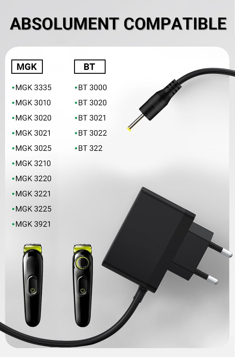 2,3 V Caricabatterie per tosaerba compatibile con Braun MGK3010 / MGK3020 / MGK3021 / MGK3210 / BT3000 / BT3020 - Cavo di alimentazione di ricambio per rasoio tipo 5511/5513/5516