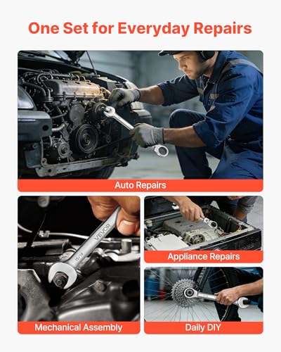 Image of VEVOR Flex-Head Ratcheting Wrench Set, 30-Piece SAE and Metric, 72 Teeth, Cr-V Steel Ratchet Flexible Combination Wrench Set with Roll Up Pouch, for General Household and Automotive Repairs, Silver