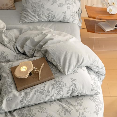 VM VOUGEMARKET Jacquard Floral Duvet Cover Queen Gray Bedding Set, Linen Cotton Yarn-Dyed Comforter Cover 90"x90" with 2 Pillowcases,Soft Breathable,Gray