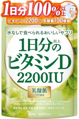 （13:30時点） 新日本ヘルス 1日分以上のビタミンD 2200IU 美味しい マスカット風味 乳酸菌100億個 60粒 約60日分 栄養機能食品 GMP国内製造 サプリメント 水なしで美味しい