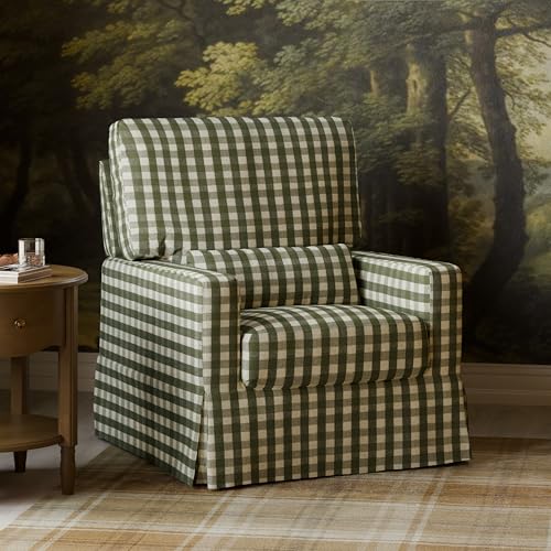 Image of Namesake Crawford Glider Recliner, Green Gingham | 360 Swivel Ultra Cozy Glider Rocker for Feeding & Relaxing w / Lumbar Pillow - GREENGUARD Certified - For Nursery /Living Room