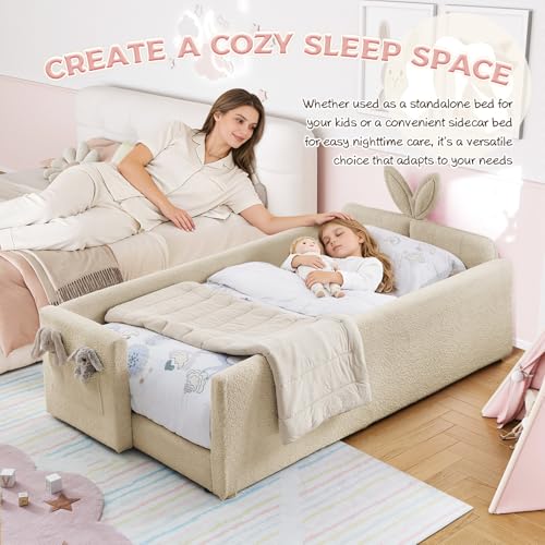 Image of Twin Size Bed Frame for Kids, Upholstered Daybed Frame Floor Bed with Safety Rails and Storage Pocket Cute Rabbit Ear Shaped Headboard for Kids Teens Boys Girls, Camel