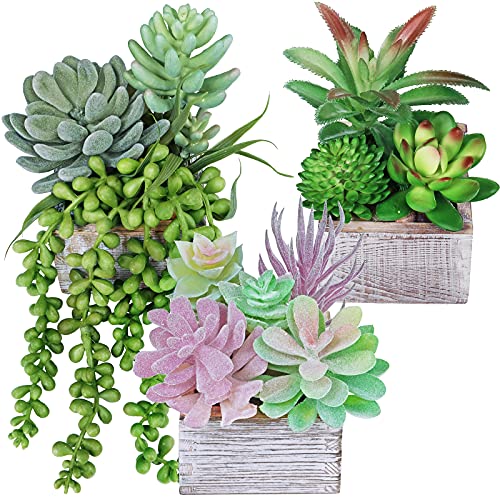 Set Of 3 Assorted Small Potted Succulents Plants Decoration Assorted Green Fake Succulents Plants In Rustic Wooden Pots For Home Living Room Bathroom Table Shelf Windowsill Office Desk Indoor Decor #TOP14