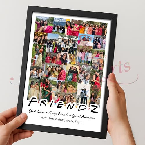 Image of Personalized FRIENDZ Collage Multiple Pictures Photo Frame | Large Portrait Layout for Friends, Girls, Cousins & School Memories | Customised Aesthetic Gift for Birthday, Farewell & Anniversary | Glare-Free Laminated Wooden Frame | Sizes - A4 /A3