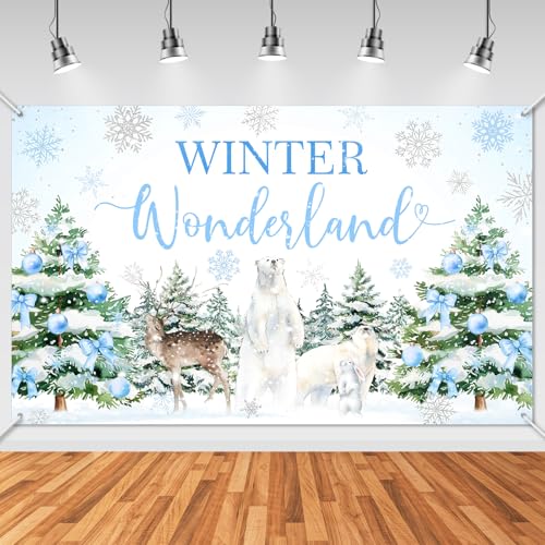 Avezano Winter Wonderland Banner Blue Snowflake Animals Baby Shower Banner