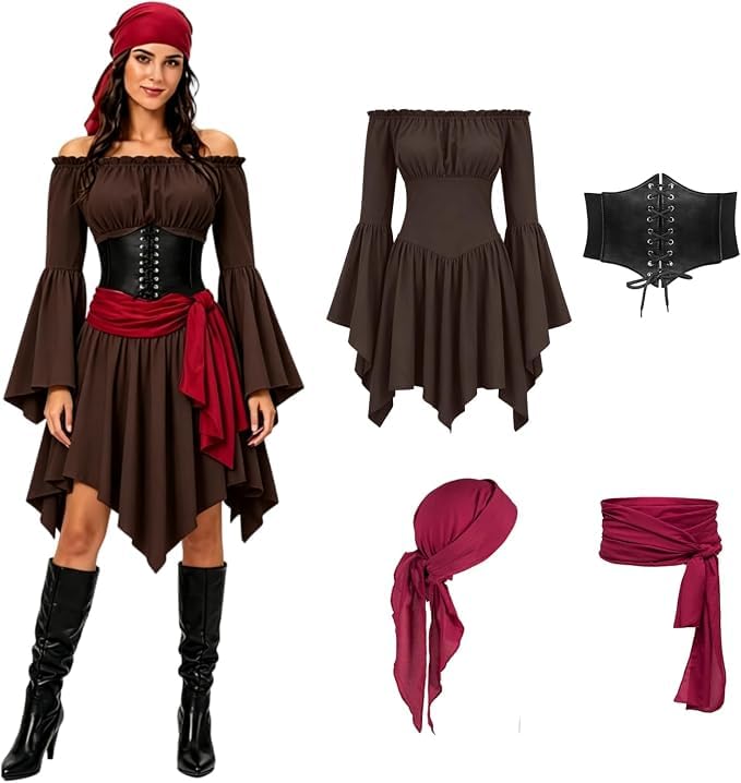 Womens Pirate Costume Adult 4 Pcs Pirate Costume Women 2026 Adults Halloween Costumes for Womens Fashion Fancy Dress Head Scarf Plus Size Caribbean Medieval Dress Outfits Clothing for Cosplay Party — image 1