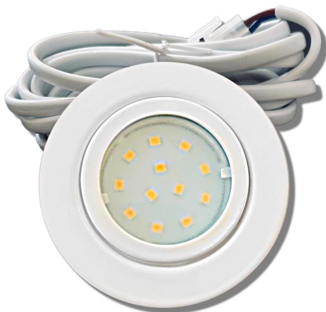 2er Set weiße LED Einbauleuchten, 12V, 2,2W, 240lm, Neutralweiß (4000K), Einbautiefe 22mm, inkl. Trafo, 230V Zuleitung, AMP Verteiler, 120°, Bohrloch 54-60mm, ideal für Küche, Bad, Möbel usw.