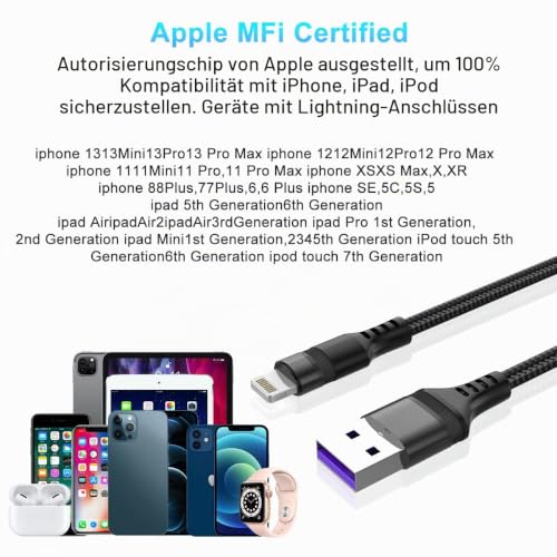 iPhone Ladekabel 5m, lang, Apple MFi Zertifiziert, Original Lightning Auf USB Kabel… – Ansicht 6