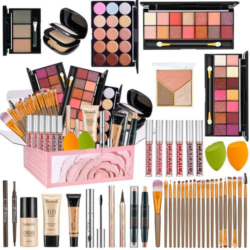 All in One Makeup Set for Women Full Kit Make Up Gift Set Makeup Essential Bundle Includes Foundation Eyeshadow Palette Concealer Lipstick Eyeliner Mascara Cosmetic Brush Set For Women Girls Teens