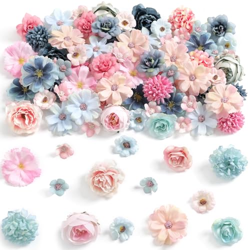 rongflower Faux Flower Heads Mini Blue Pink Artificial Flower Heads Fake Peony Daisy Rose Flowers Multicolor Small Silk Daisy Flower Heads for Craft Garland Wedding Party DIY Home Decoration,2-4 cm