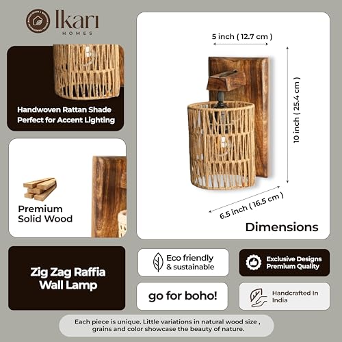 Image of Ikari Homes Rustic Wooden Wall Lamp I Cylindrical Raffia Shade I Vintage Wall Lamp I Boho Rattan Wall lamp for Bedroom /Balcony /Living Room /Outdoor /Entrance - Size 10 x 5 in (Zig Zag Raffia)