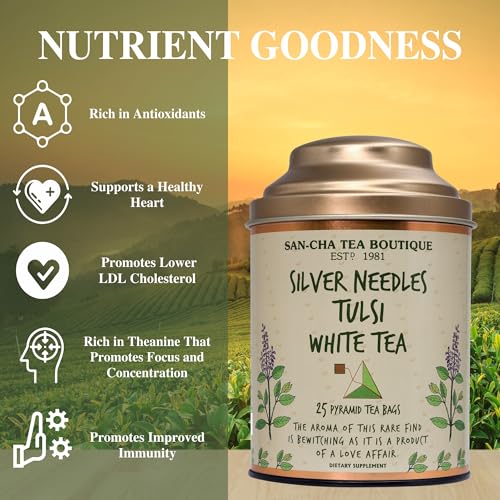 Image of Sancha Tulsi White Tea | 25 Pyramid Bags | Silver Needle White Tea with Pure Tulsi Leaves | Delicate Herbal & Citrus Notes
