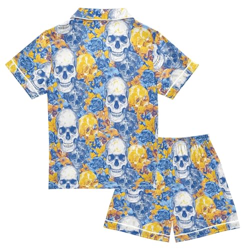 ALAZA Sugar Skull Blue Rose Flower Satin Pajamas Set Short Sleeve Button Down Sleepwear Summer Pjs 2 Piece2